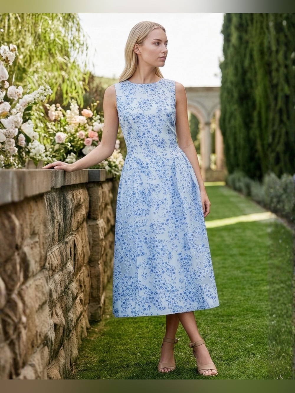 Alex Marie 12 Maria Dahlia Floral Midi Dress Blue Willow Sleeveless A-Line $268